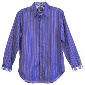 Robert Graham Striped Dress Shirt Mens Size M Silk Embroidered Flip Cuff Artsy